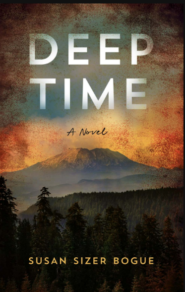 A book cover with trees and mountains in the background.