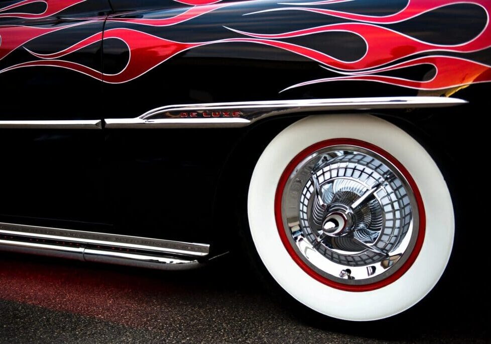 A close up of the wheel on a car